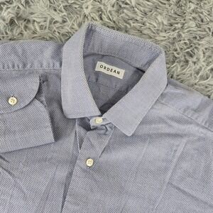 Ordean Mens 16 Blue White Micro Diamond Texture Cotton Long Sleeve Button Shirt